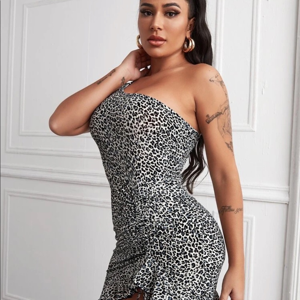 One Shoulder Leopard Drawstring Dress - Picture 3 of 7